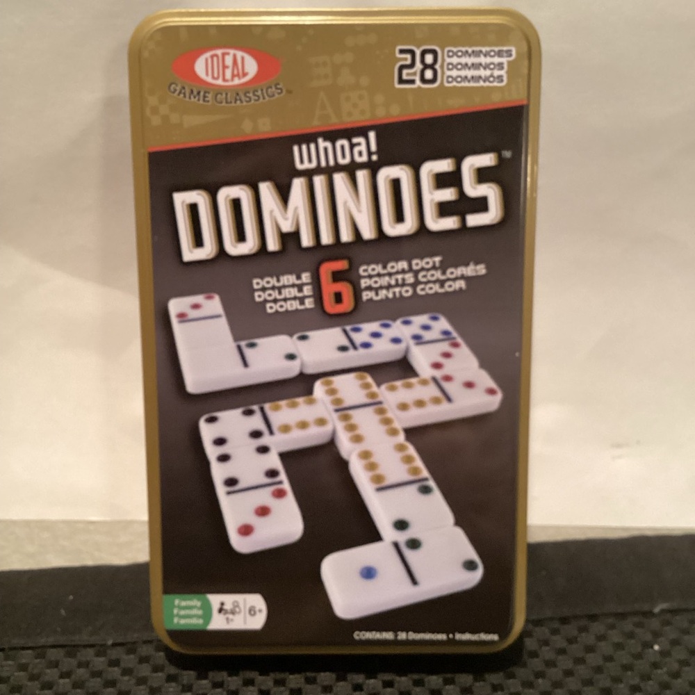 Whoa! Dominoes, double 6 dominos, 28 tiles,12 games instructions,tin storage box